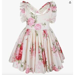 Girls Floral Cottagecore Ruffle Strap Tie Back Dress Size 6